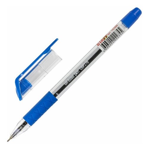Ручка шариковая масляная с грипом STAFF OBP-279, синяя, игольчатый узел 0,7 мм, линия письма 0,35 мм, 142988, 12 штук