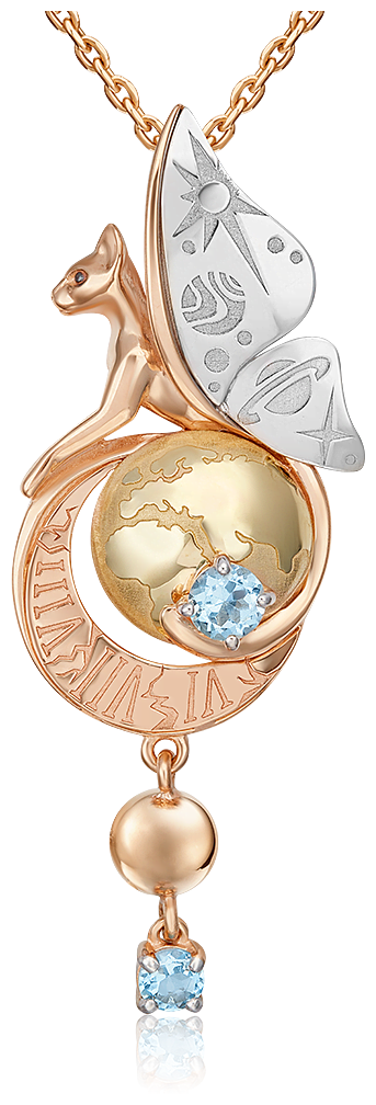 Подвеска, красное, белое, желтое, комбинированное золото, 585 проба, гравировка, топаз