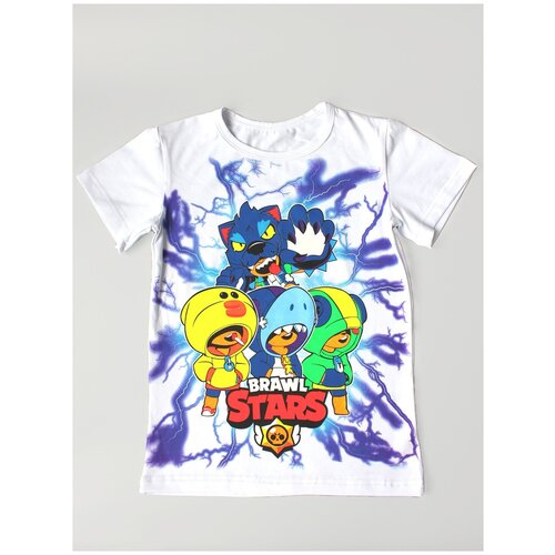 Футболка белая с принтом Бравл Старс Леон Оборотень Акула Brawl Stars принт светится в темноте р.164
