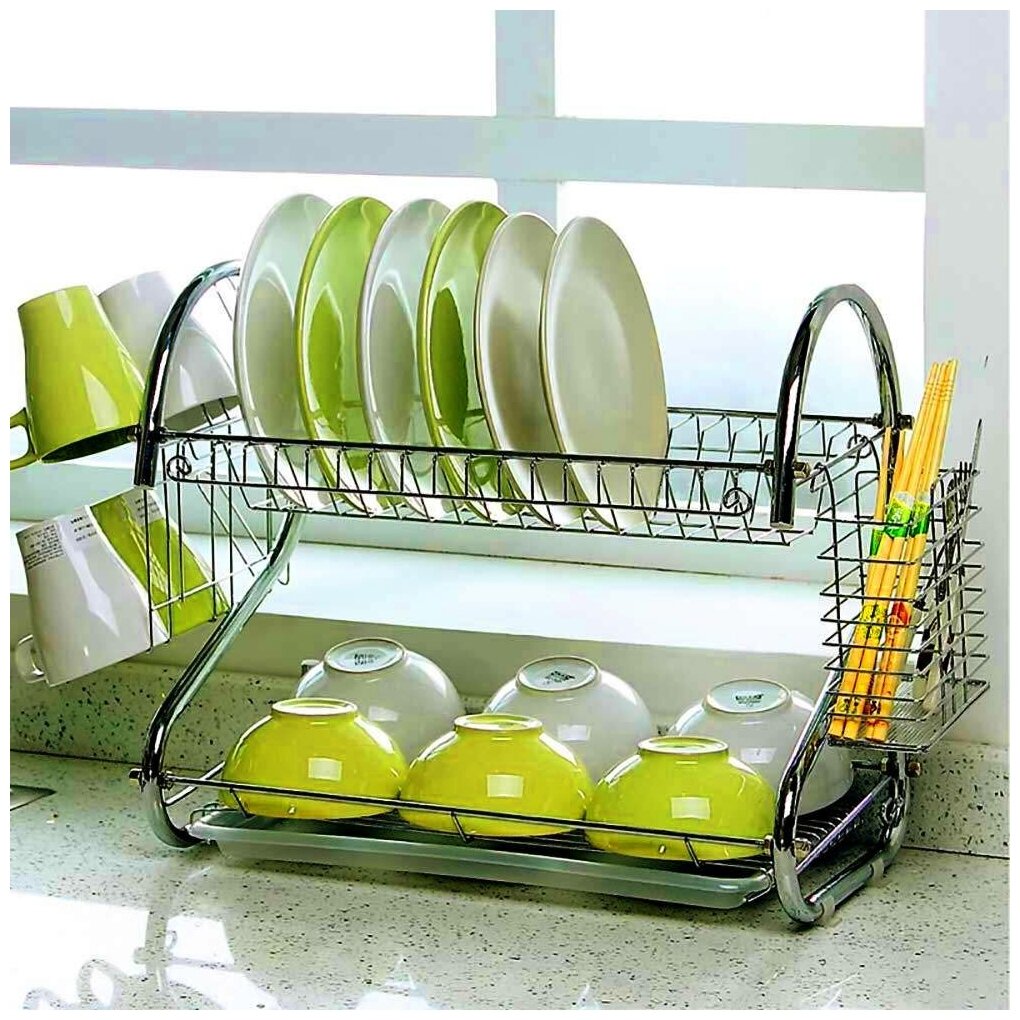 Настольная сушилка для посуды с поддоном / Металлическая сушка посуды в шкаф / Кухонная 2-х ярусная сушилка / Luoweite