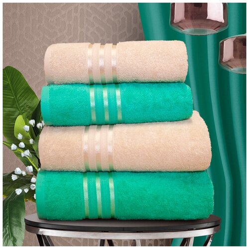 фото Набор из 4 полотенец harmonika цвет: светло-бежевый, мятный (50х80 см - 2 шт, 70х130 см - 2 шт) dome