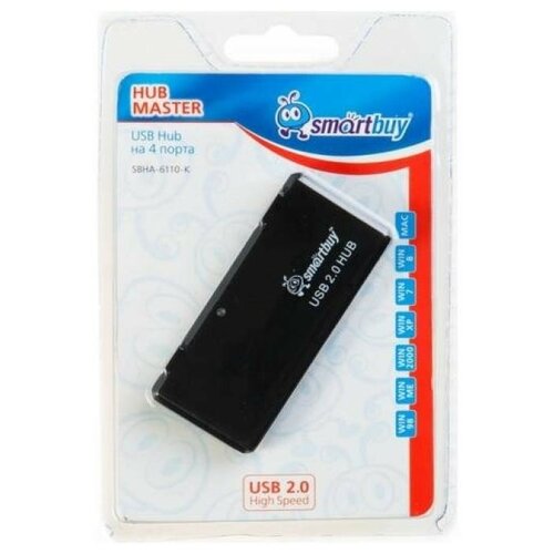 USB Хаб 4хUSB 2.0 SmartBuy SBHA-6110-K черный usb 2 0 хаб smartbuy 6110 4 порта голубой sbha 6110 b