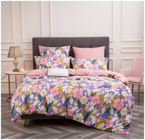Комплект постельного белья VIVA HOME TEXTILE CN102, евростандарт, сатин, розовый/фиолетовый