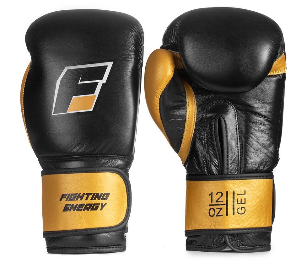 Перчатки боксерские FIGHTING ENERGY GEL кожа, черно-золотые (16 унций)
