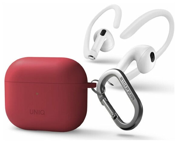 Чехол с карабином Uniq NEXO Liquid silicone + Sports ear hooks (AIRPODS(2021)-NEXOPNK) для AirPods 3, красный