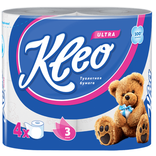 Туалетная бумага Kleo Ultra 4 рул., белый, без запаха бумага туалетная kleo ultra 3 слойная 4 рулона