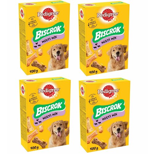 Лакомство для собак Pedigree Biscrok Multi Mix, Бисквитные косточки, 500гр. (4 упаковки)