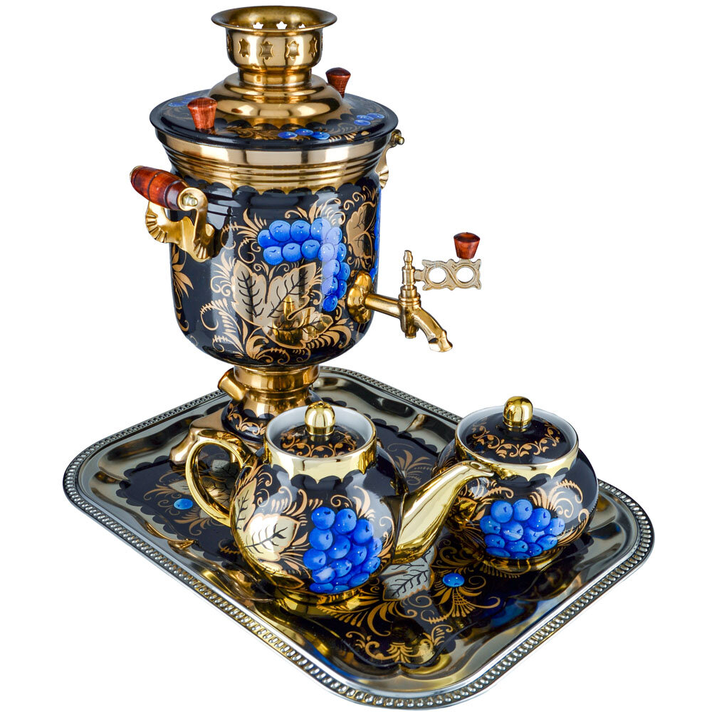 Самовар электрический с худ. росписью«Голубика» 3 литра формы «Банка» в наборе из 4 предметов
