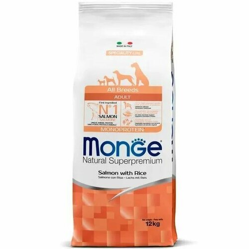 Сухой корм для собак Monge Monoprotein All Breeds Salmon with rice из лосося с рисом, 12 кг monge dog monoprotein корм для собак всех пород лосось с рисом 2 5 кг х 2шт