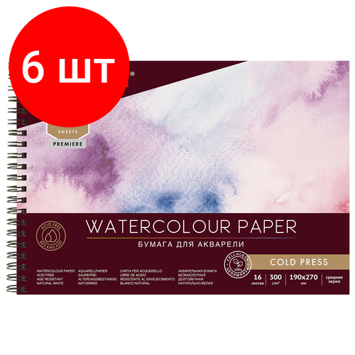 Комплект 6 шт, Альбом для акварели, бумага 300 г/м2, 190х270 мм, среднее зерно, 16 листов, гребень, BRAUBERG ART PREMIERE, 113212 альбом для акварели 190х270мм 20л brauberg art premiere бумага 230 г кв м среднее зерно 113215 5шт