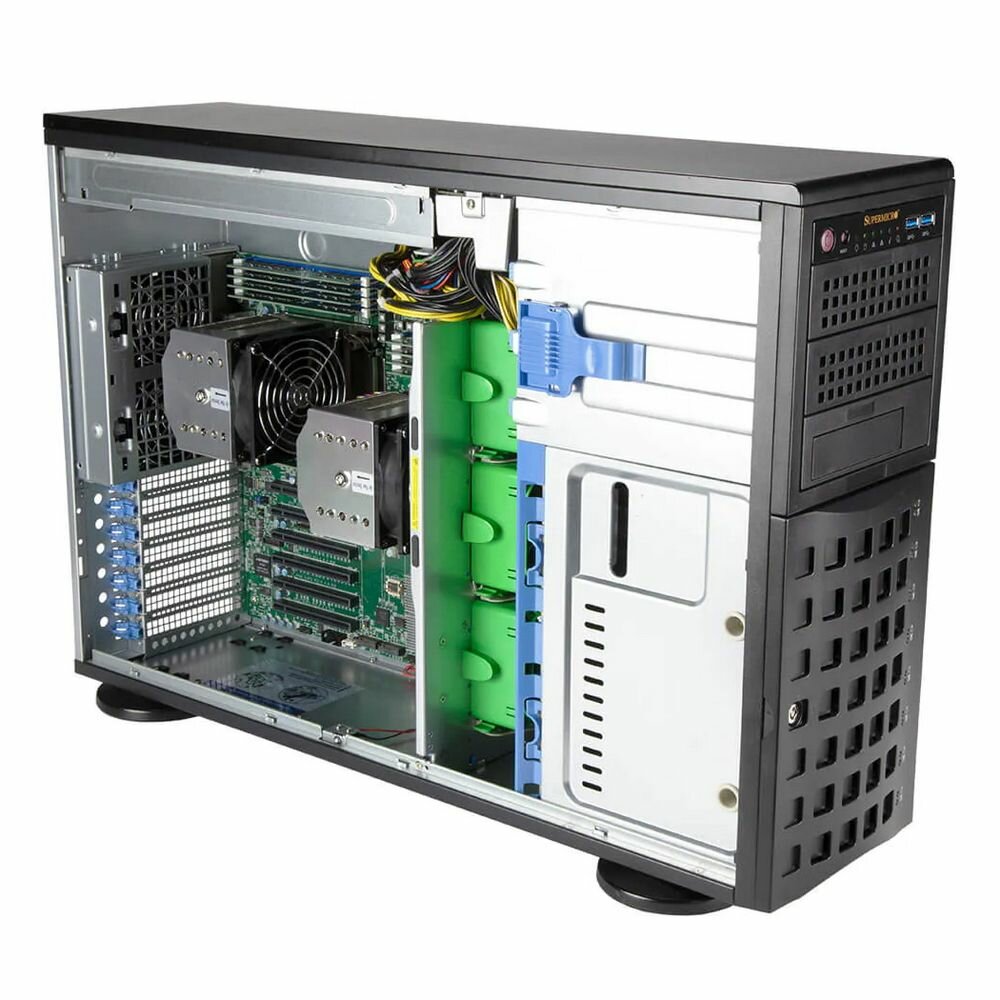 Шасси серверное NEW Supermicro Super Workstation 4U Tower 740A-T no CPU(2)Scalable/TDP 270W/ no DIMM(16)/SATARAID HDD(8)LFF/3x5,25/2x1GbE/6xFHHL,M2/1200W (SYS-740A-T) - фото №4