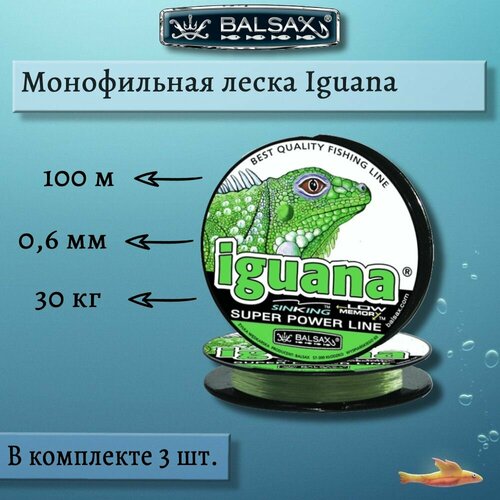 монофильная леска для рыбалки balsax iguana 100м 0 45мм 21 9кг светло зеленая 3 штуки по 100 метров Монофильная леска для рыбалки Balsax Iguana 100м 0,60мм 30кг светло-зеленая (3 штуки по 100 метров)