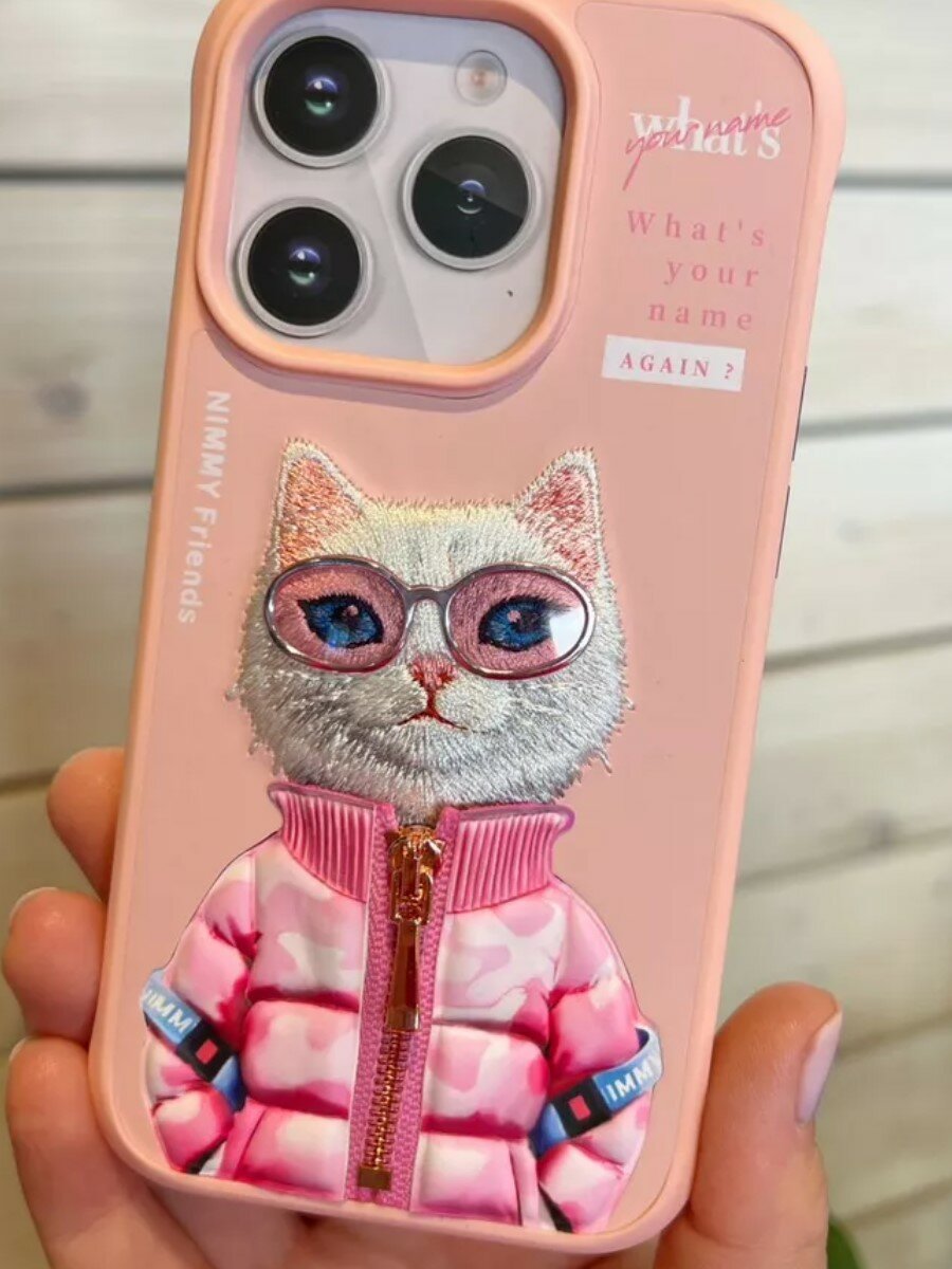 Чехол с вышивкой для Apple iPhone 14 Pro Max Nimmy Кот-Розовый