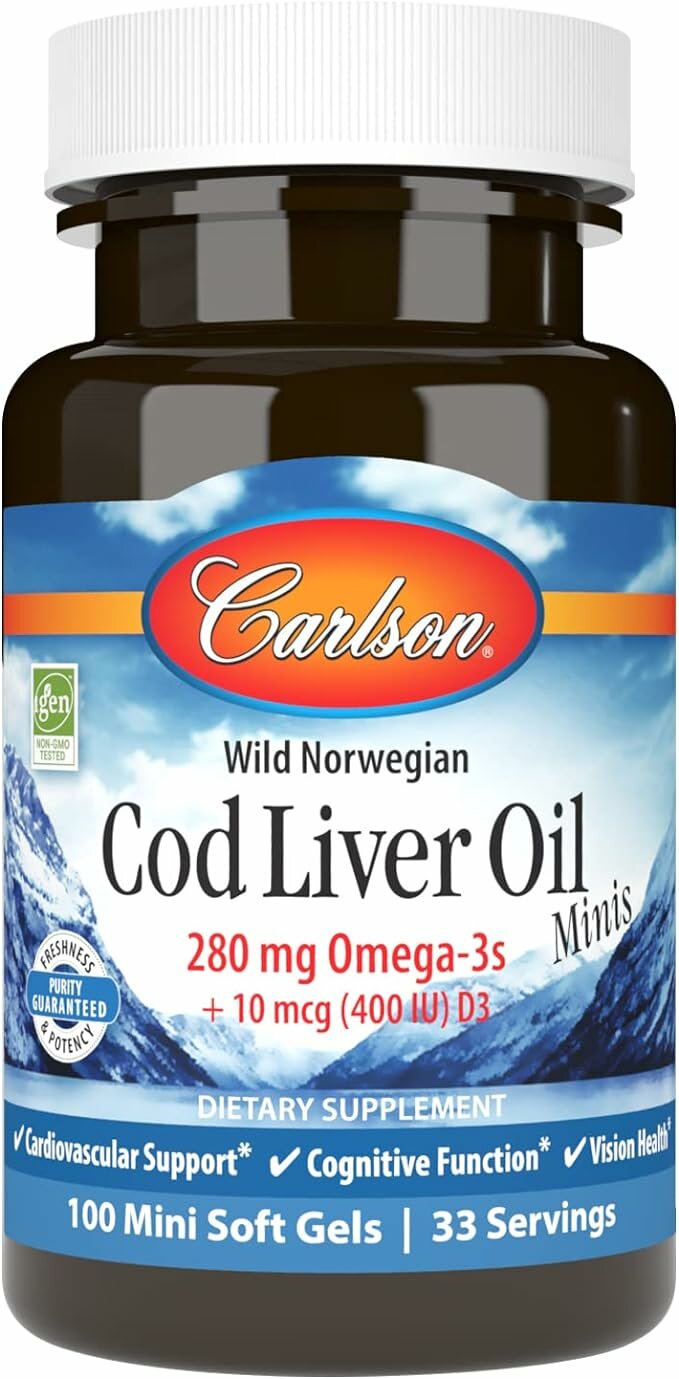 Carlson, Norw Cod Liver Oil, Масло из печени трески, Omega-3s 280 мг+ D3 10 мкг (400 ME), 100 мини капсул