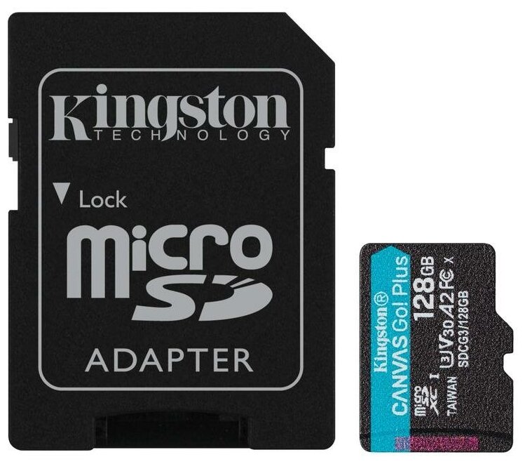 Карта памяти Kingston microSDXC 128 ГБ Class 10, V30, A2, UHS-I U3, R/W 170/90 МБ/с, адаптер на SD, RU, 1 шт, черный