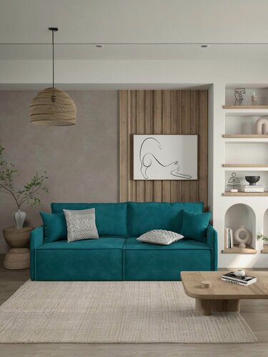 Изображение товара Прямой диван Manons Maison Hygge Slim, раскладной механизм Еврокнижка, Велюр изумрудный, 218х100х86 см