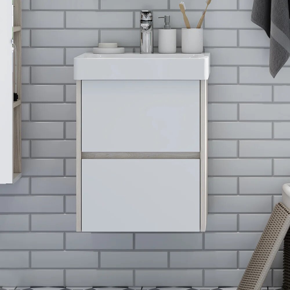 Тумба с раковиной AQUATON Сканди 45 подвесная 45 5 см с ящиками белая в скандинавском стиле из фарфора