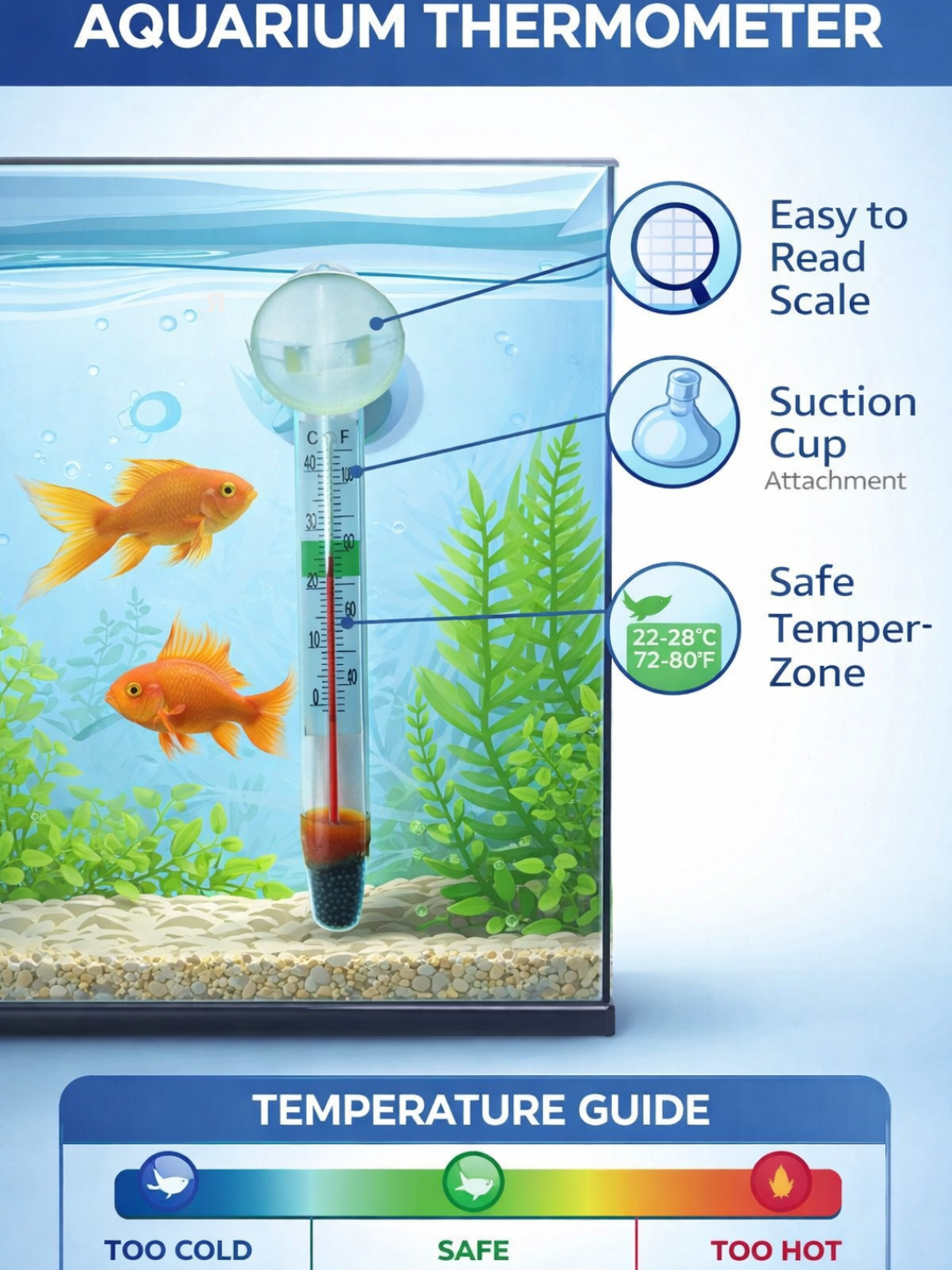 Термометр для аквариума, инсулиновый градусник для аквариума, подводный, с присоской Градусник
