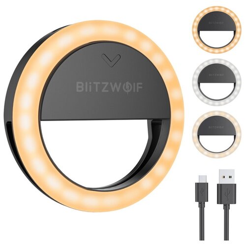 фото Светодиодный круговой светильник для палки-селфи blitzwolf bw-sl0 pro clip-on ring fill light 600mah 1000 lumens black