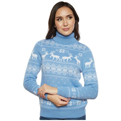 Шерстяной свитер, классический скандинавский орнамент с Оленями и снежинками, натуральная шерсть, голубой цвет, размер S