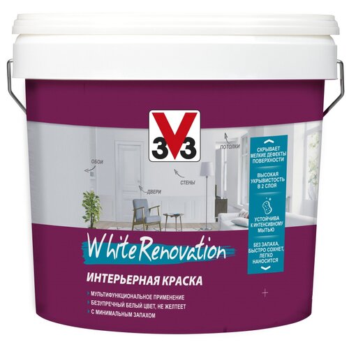 Краска латексная V33 White Renovation для стен и потолка для детской влагостойкая моющаяся полуглянцевая белый 1 кг