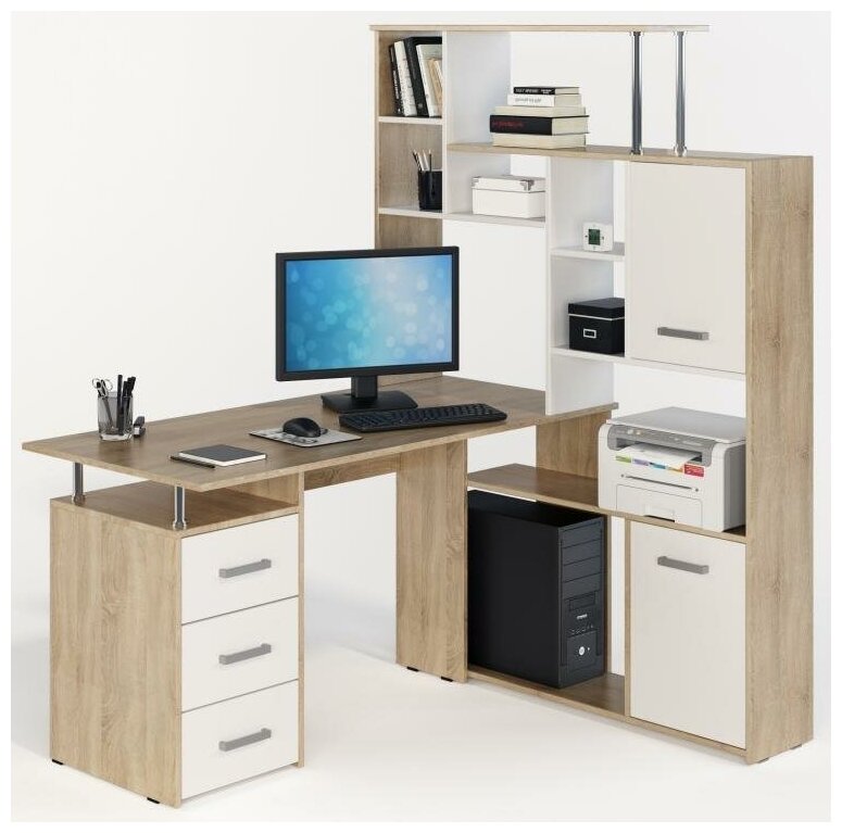 фото Компьютерный стол КС-15 Орхидея Дуб Сонома/Белый Правый