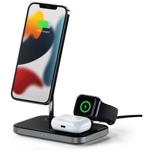 Беспроводное зарядное устройство-подставка Satechi Magnetic 3-in-1 Wireless Charging Stand серый космос ST-WMCS3M беспроводное зарядное устройство satechi trio wireless charging pad st x3twcpm black