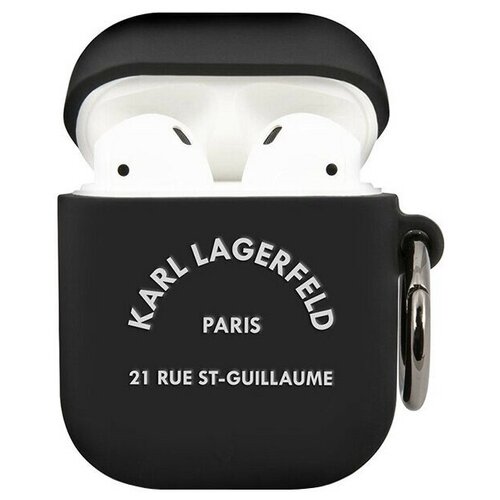 фото Чехол с карабином cg mobile karl lagerfeld silicone rsg logo with ring для airpods 1&2, цвет черный/белый (klaca2silrsgbk)