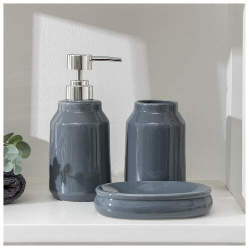 Набор для ванной "Глянец" 3 предмета (мыльница. дозатор для мыла, стакан), цвет серый 5459657