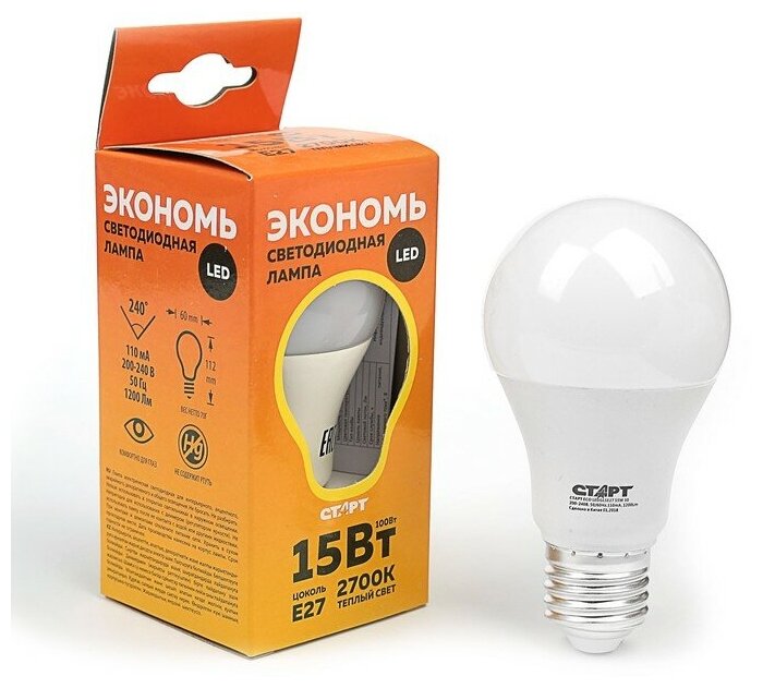 Лампа светодиодная СТАРТ Экономь ECO LED GLS, E27, 15 Вт, 2700 К - фотография № 5