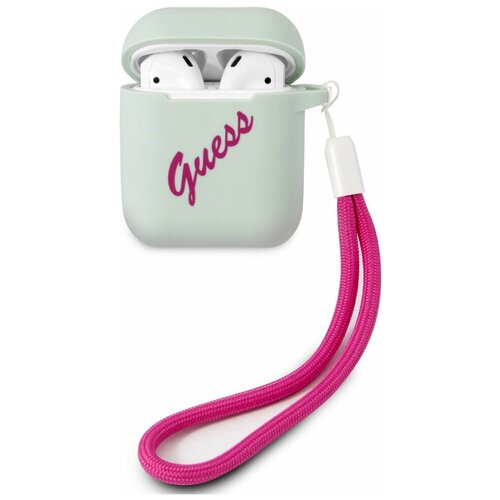 фото Чехол со шнурком cg mobile guess silicone case script logo with cord для airpods 1&2, цвет голубой/фуксия (guaca2lsvsbf)