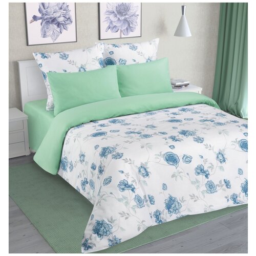 Комплект постельного белья Ившвейстандарт NUANCE PALETTE Grace green, 2-спальное с европростыней, перкаль, белый/зеленый/голубой