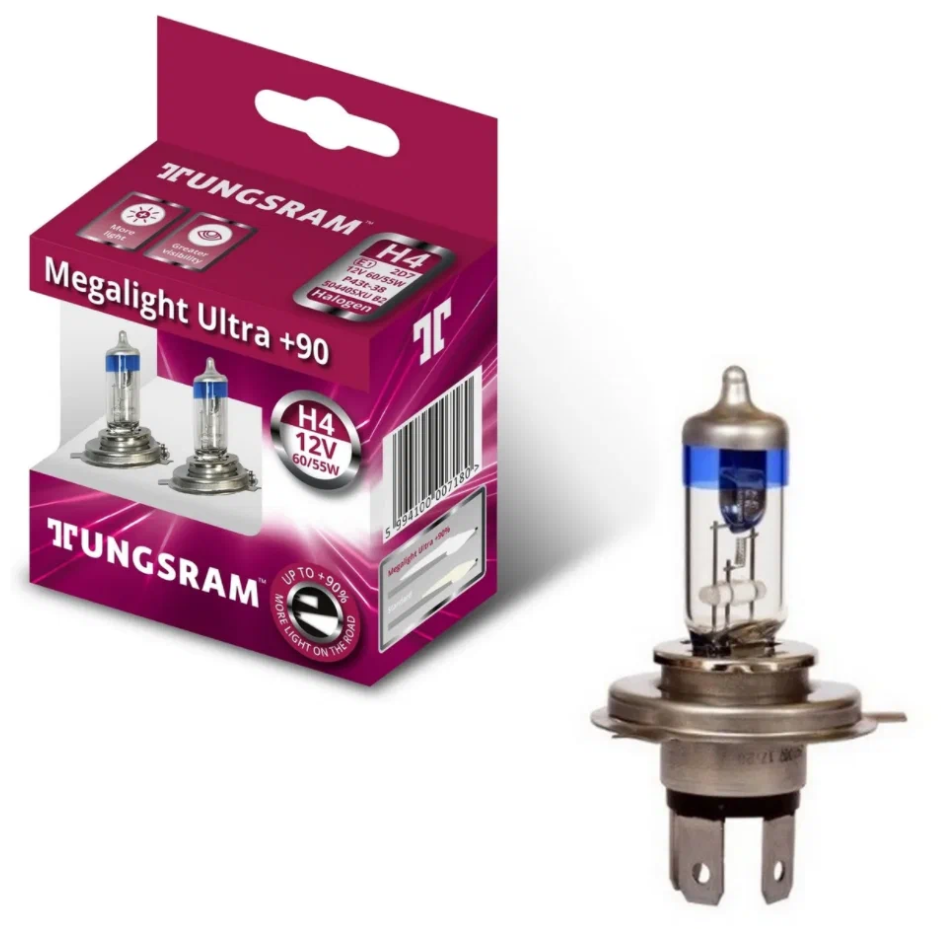 Лампа Tungsram H4 12V Megalight Ultra +90% W60/55 P43t 50440SXU (2 лампы)