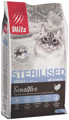 Сухой корм для стерилизованных кошек Blitz Sensitive с индейкой 2 кг