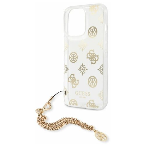 фото Guess для iphone 13 pro чехол pc/tpu peony hard tranp +gold hand chain