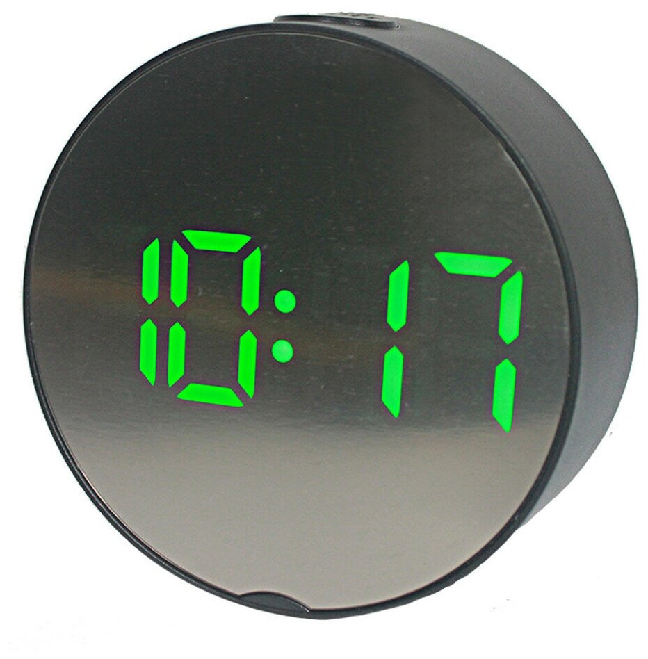 Часы электронные настольные , зеркальные, круглые, цвет-зеленый, USB