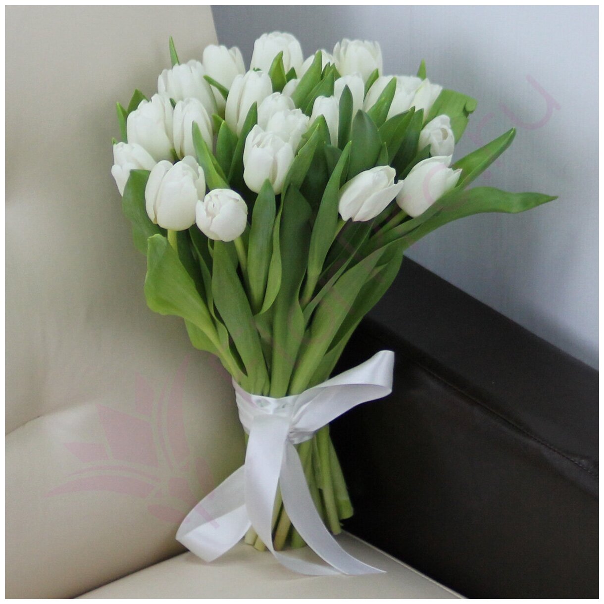 Цветы живые букет из 25 белых тюльпанов с атласной лентой