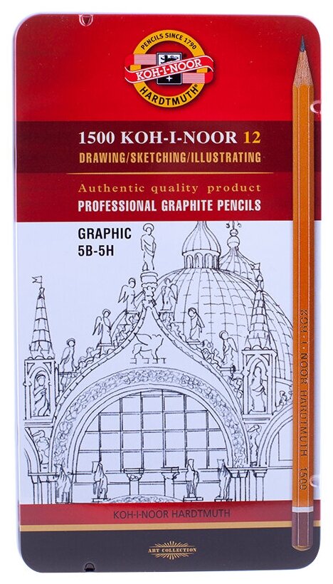 Набор карандашей ч/г Koh-I-Noor "1500 Graphic" 12шт, 5B-5H, заточен, метал. пенал