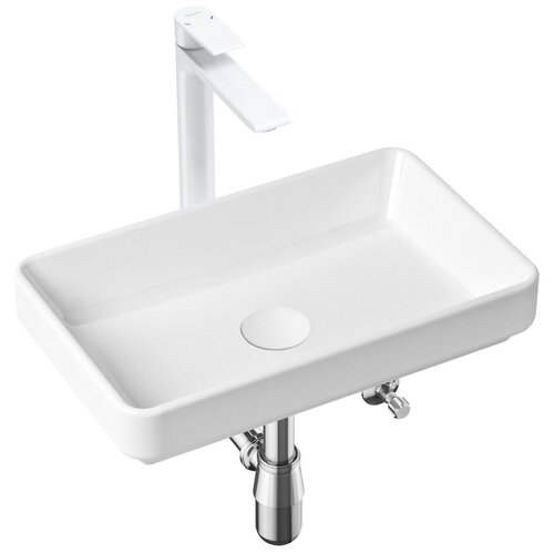 фото Комплект 5 в 1 lavinia boho bathroom sink slim 21510049, накладная фарфоровая раковина 55 см, смеситель, латунный сифон, донный клапан quick-clac, угловые вентили 2 шт.