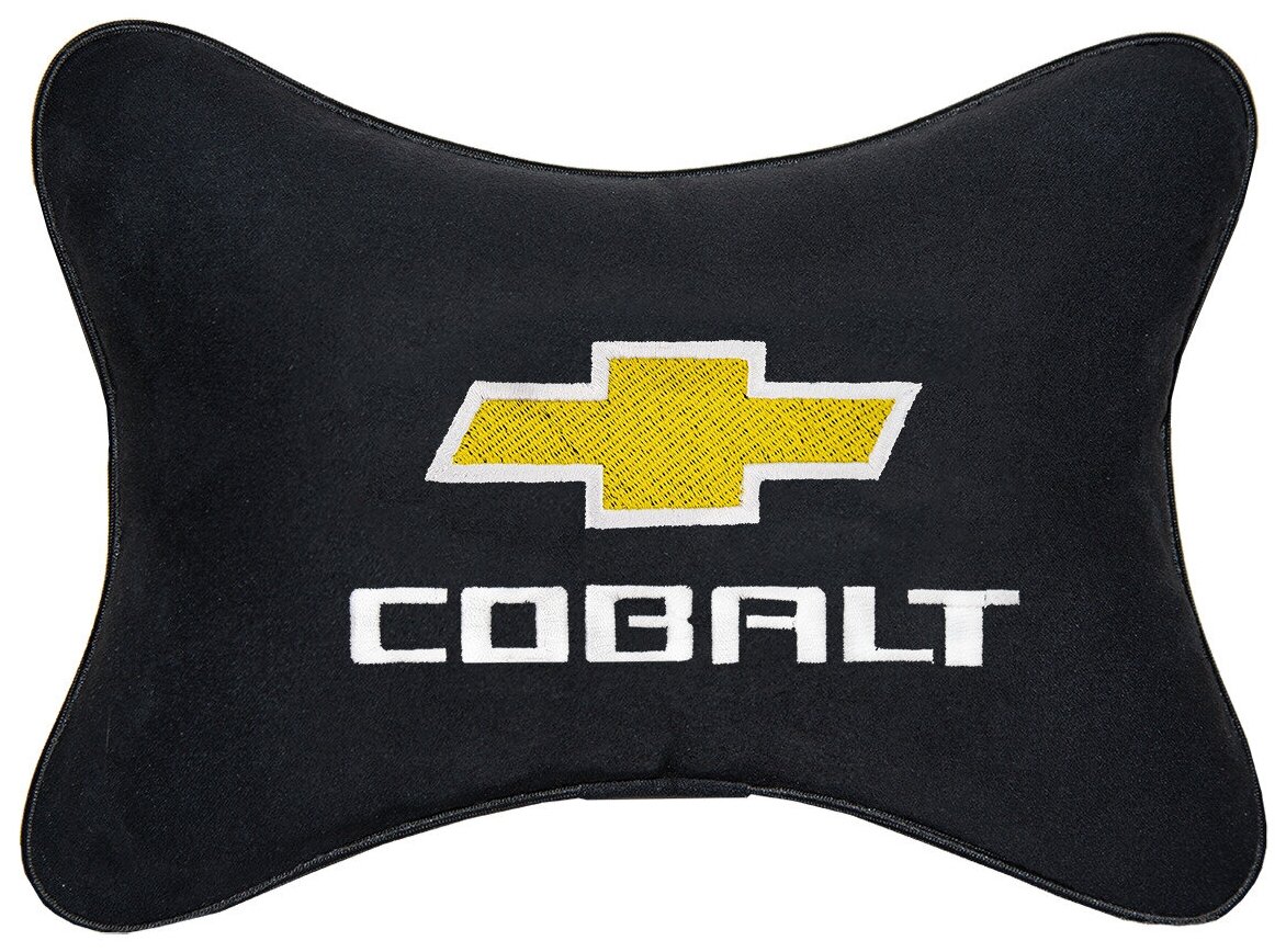 Автомобильная подушка на подголовник алькантара Black с логотипом автомобиля CHEVROLET Cobalt