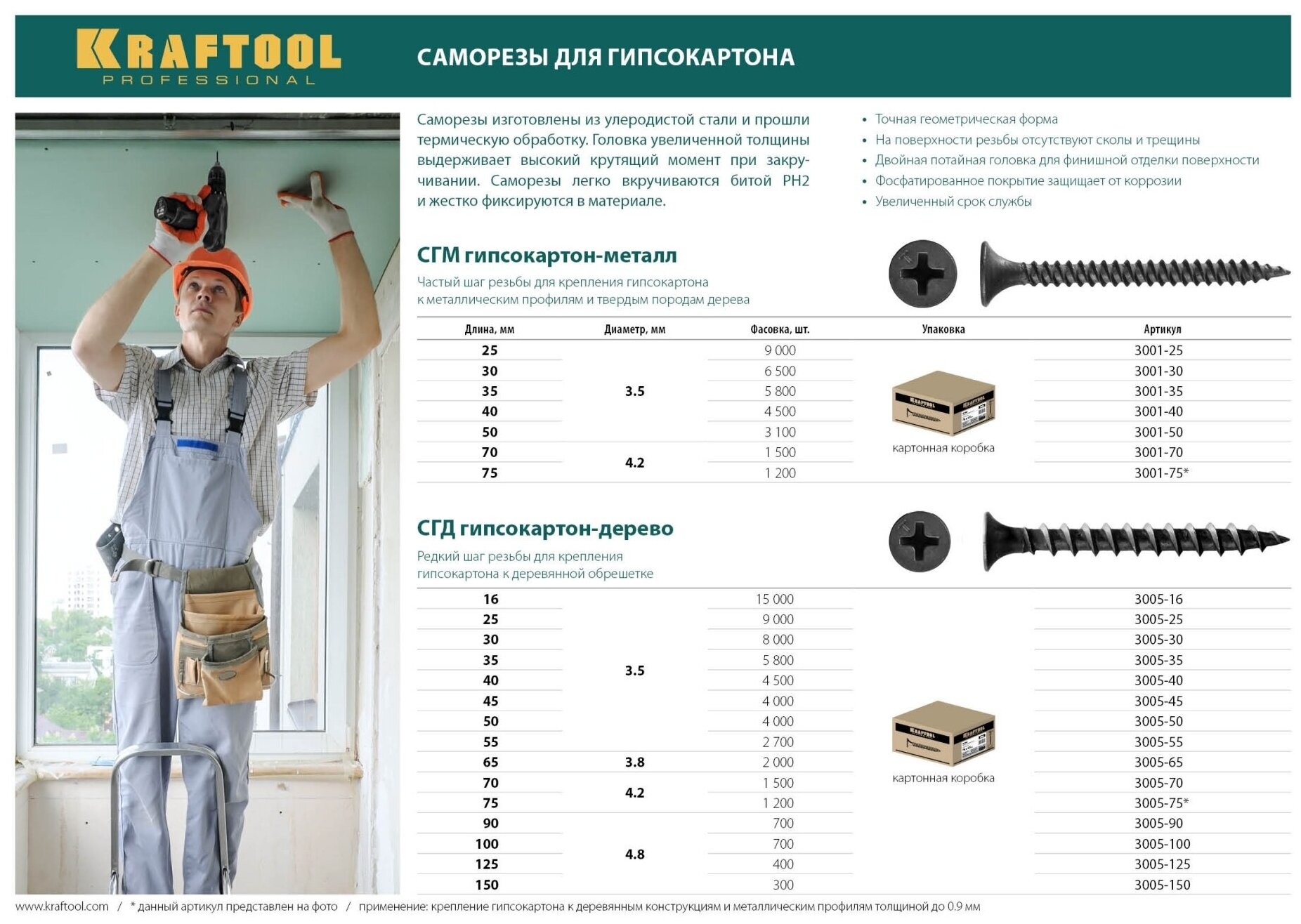 KRAFTOOL 70 х 4.2 мм, 1500 шт, СГД саморезы гипсокартон-дерево 3005-70