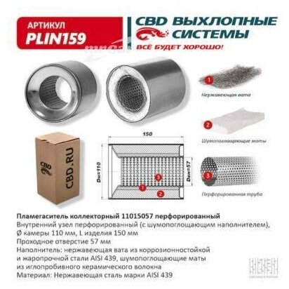 PLIN159 CBD Пламегаситель коллекторный 11015057 перфорированный, из Нерж.стали. CBD. PLIN159