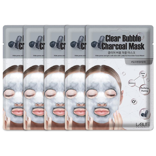 фото Labute маска кислородная с древесным углём clear bubble charcoal mask 5 шт.