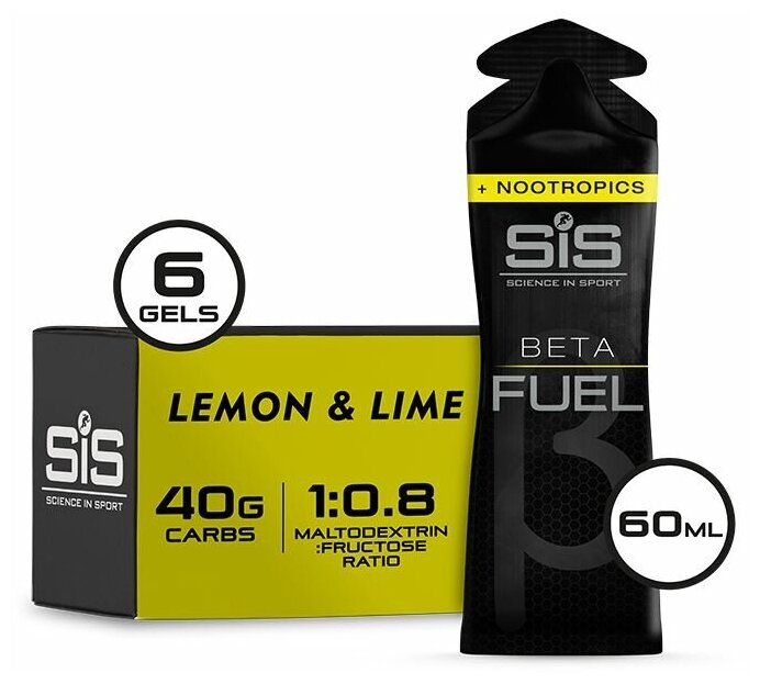 Гель питьевой SCIENCE IN SPORT (SiS) BETA FUEL + Nootropics 6 х 60 мл, Лимон - Лайм