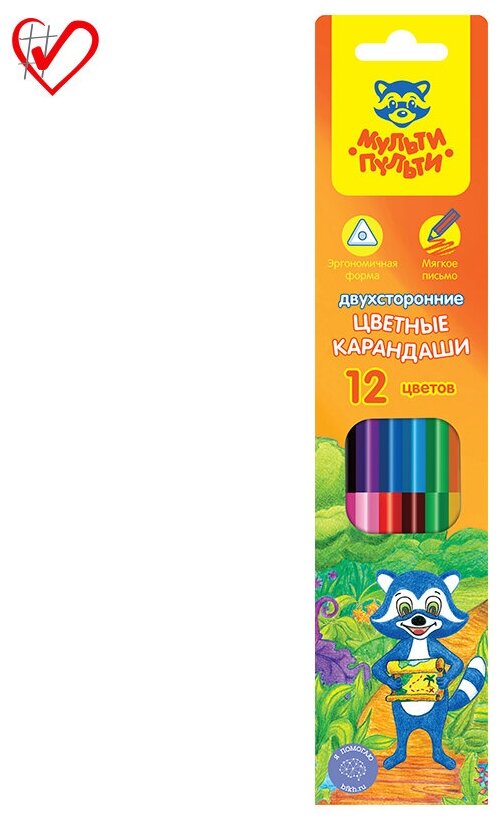 Карандаши цветные 12 цветов Мульти-Пульти "Енот в тропиках" (L=175мм, D=7мм, d=3.3мм, 3гр, двусторонние) картонная упаковка (CP_11657), 24 уп.