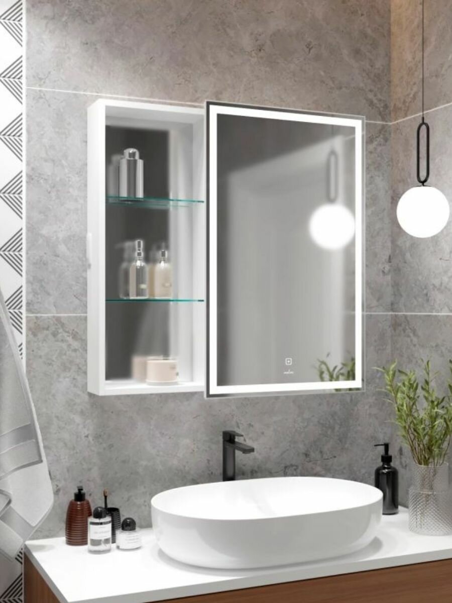 Зеркало шкаф с подсветкой и сенсорным выключателем для ванной комнаты, 80 см, правый, настенный