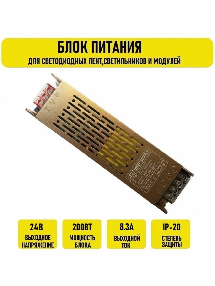 Блок питания 24V 8.33А 200w IP20 узкий GOLD