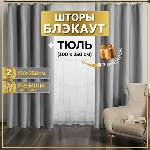 Шторы блэкаут комплект с тюлью / 300х250 (2 шт по 150х250) + тюль 1 шт 300х250 , Серые светлые, MGRido