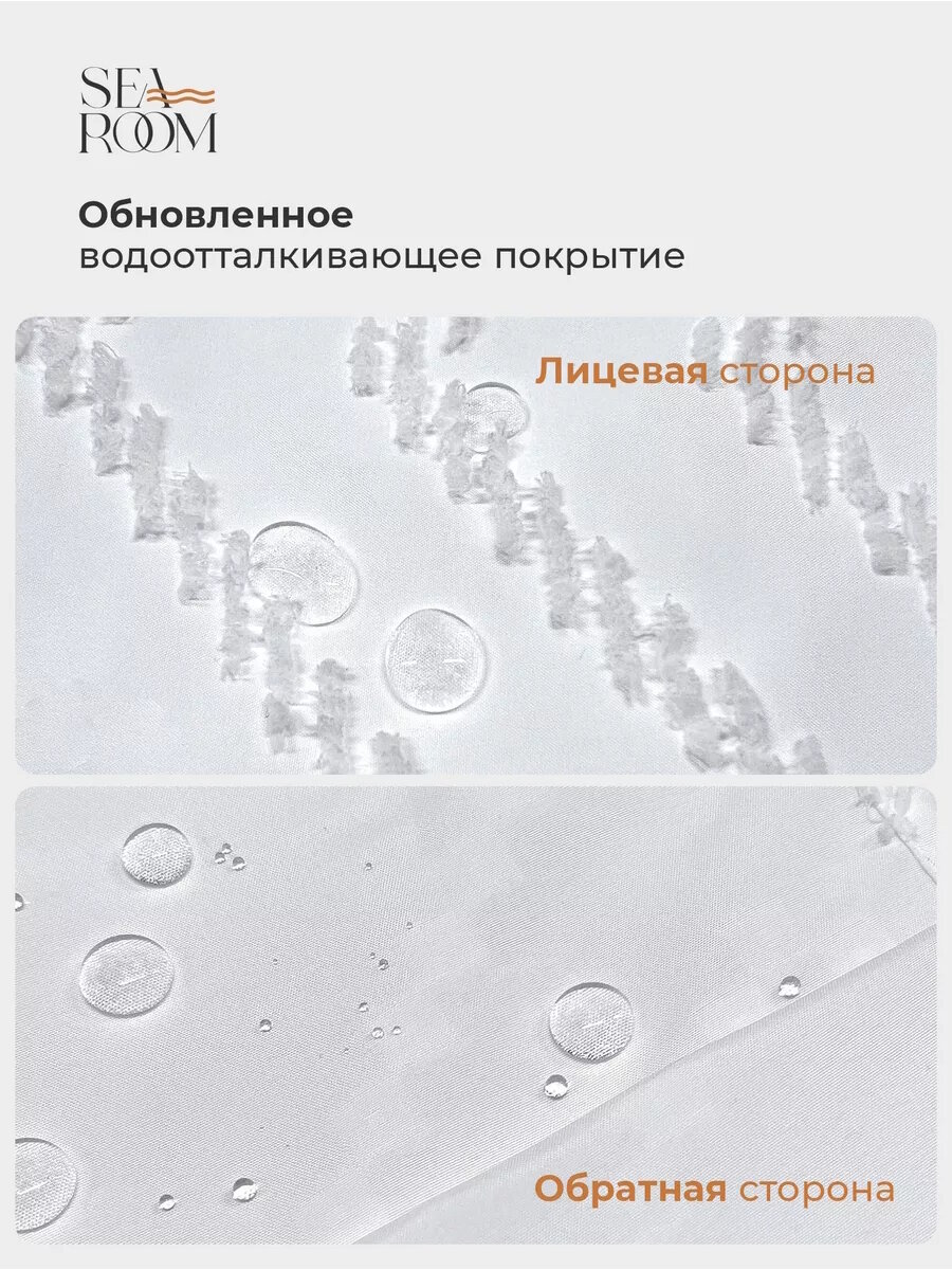 Штора для ванной тканевая 180x200см SeaRoom белая с кольцами, шторка для душа водоотталкивающая — фото 1