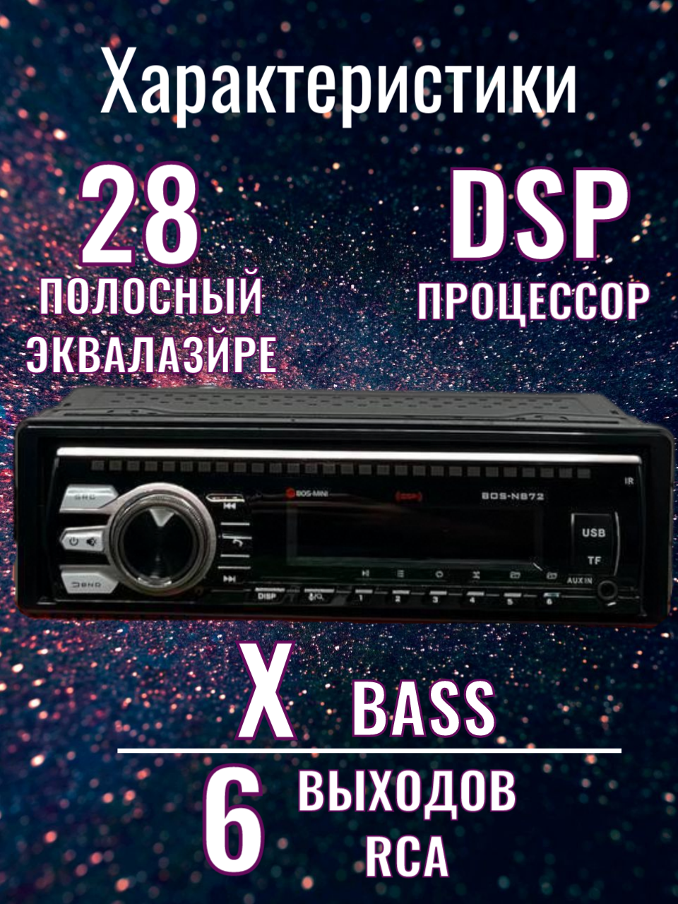 Магнитола Bos-Mini-N872DSP/магнитола/1DIN, 4x60W, Aux, USB и Type-C , DSP/RGB экран,6 выходов RCA, съемная панель — фото 1